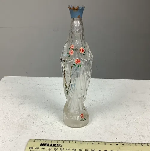 Clear Plastic Mary with Painted Flowers Religious Figurine
