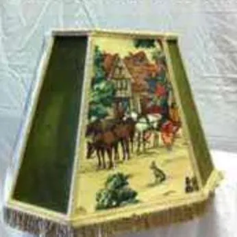Period large green / beigh lampshade with country scene and bottom edge fringing
