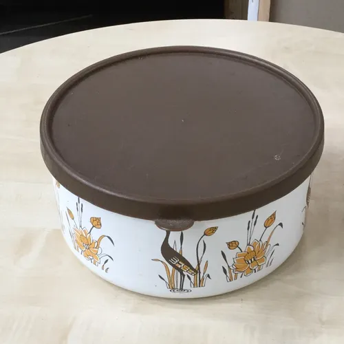 1970s Marks and Spencer White with Brown Lid Round Container / Tin