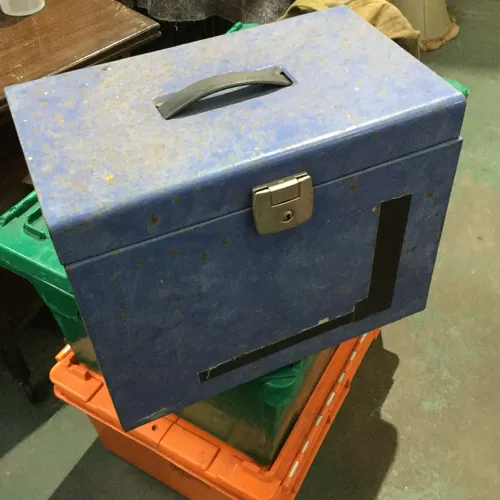 Blue metal lock box with handle
