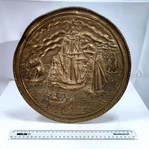 Large brass decorative hanging plate with sailing boat design (30cm)