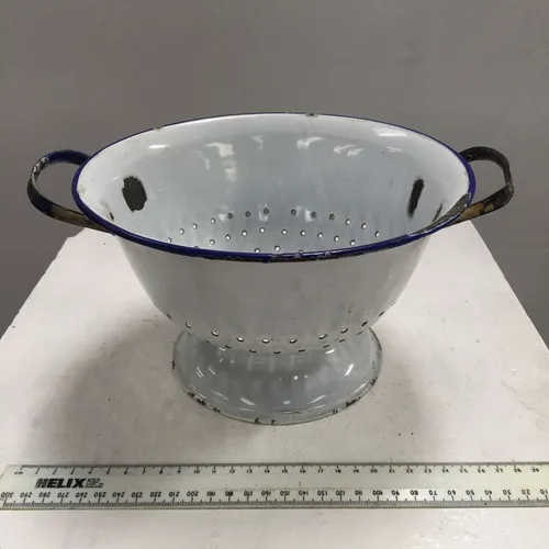 Period Aged White with Blue Trim Enamel Colander