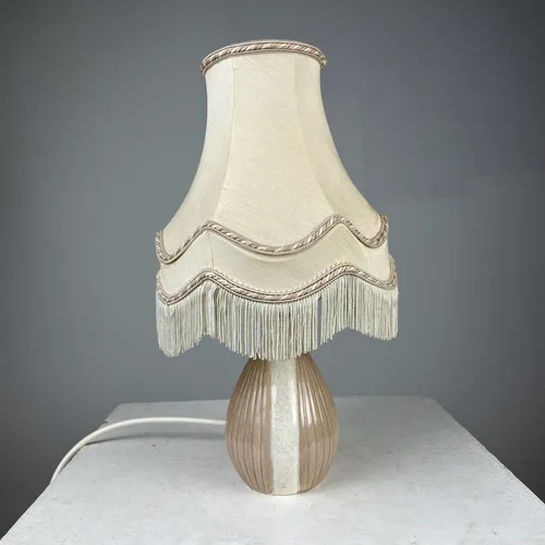 Cream/Brown Ridged Ceramic Lamp with Panelled Fringed Lampshade