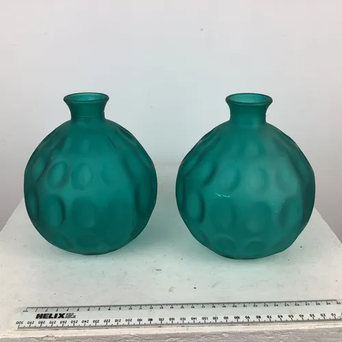 Frosted teal dimpled bulbous vase glassware