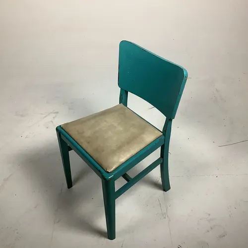 Blue wood chair with cream seat pad