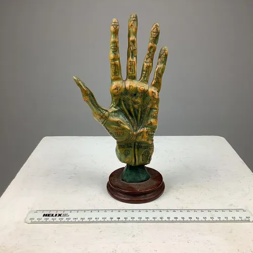 Alchemy Palmistry Orange and Green Fortune Telling Hand on Wood Base