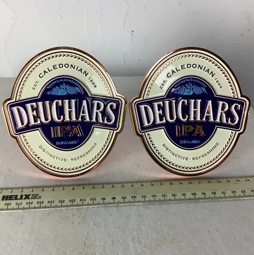 White and Blue Metal Deuchars  Beer Tap Sign