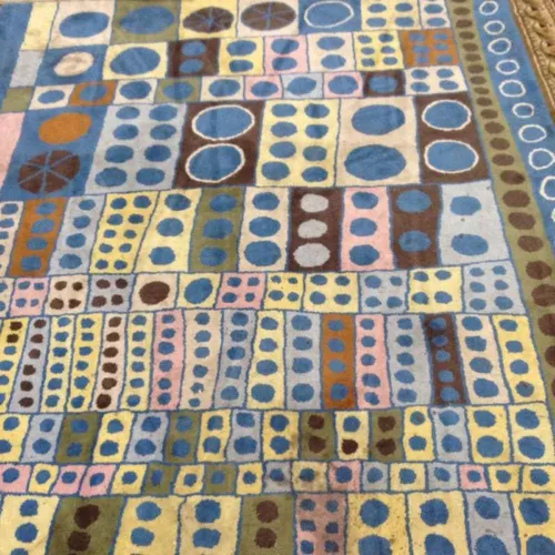 Rug with Alternating Rectangles and Spots in Blue/Pink/Yellow/Grey 