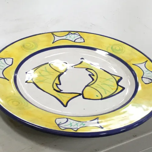 Yellow and Blue Ceramic Plate with Fish Design