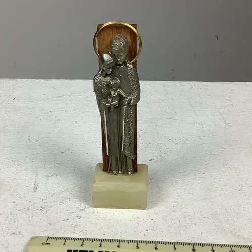 Silver and Wood Religious Statue / Figurine on Marble Stand