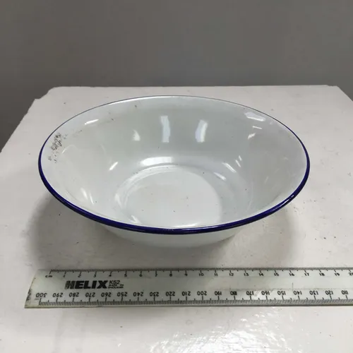 White with Blue Trim Enamel Serving Bowl 2