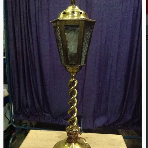 brass stick lamp base with glass lantern shade