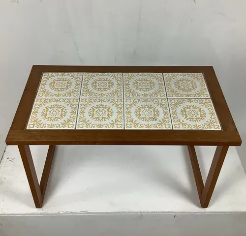 Small Wooden Table with Yellow and White Tile Top - Coffee Table