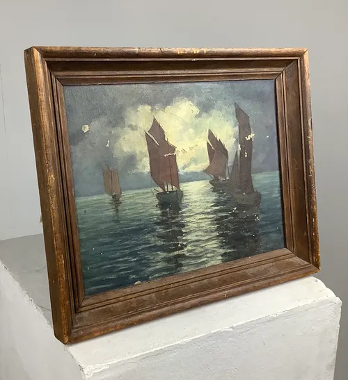 Oil Painting with Boats in a Dark Wooden Frame