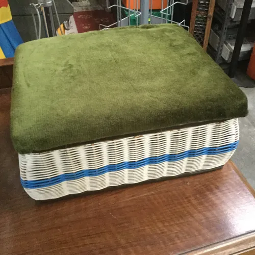 Wicker Rattan Box with Green Fabric Lid Containing Quantity of Sewing Equipment