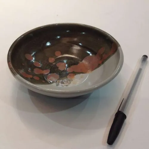 handmade shallow ceramic bowl with grey and brown glaze