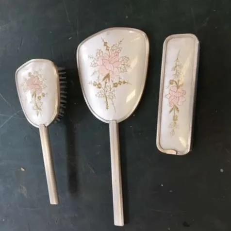 Period Hand Mirror and Brush Set - White & Gold with Floral Design