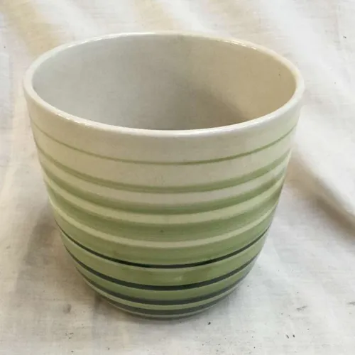 White ceramic plant pot with green stripes