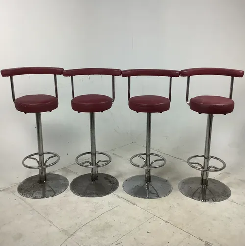 Red Leather and Silver Base Bar Stools 103cm x 34cm