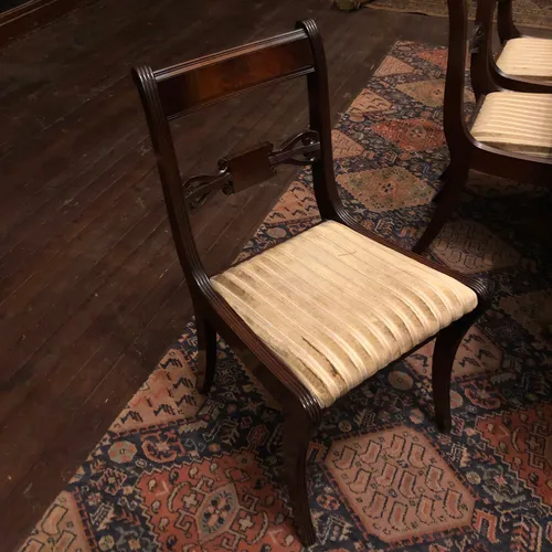 Dark Wood and Gold Striped Dining Chairs 