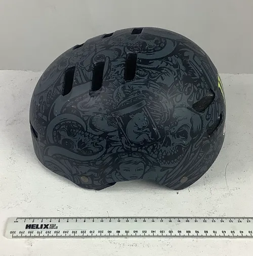 Black and Grey Patterned BELL Kids Helmet with Monster Stiker