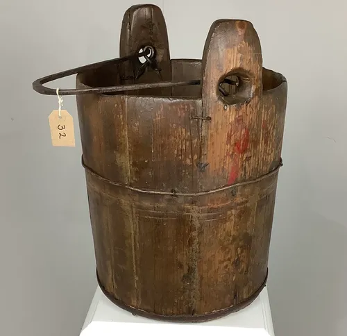 Vintage Wooden Barrel Bucket with Metal Handle