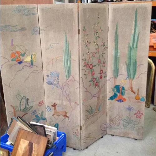 Period Fabric 4 Panel Room Divider / Partition Screen With Embroidered Scene