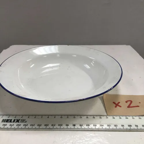 White with Blue Trim Enamel Soup Bowl