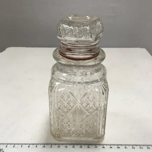 Decanter, square base, circular stopper, cut glass
