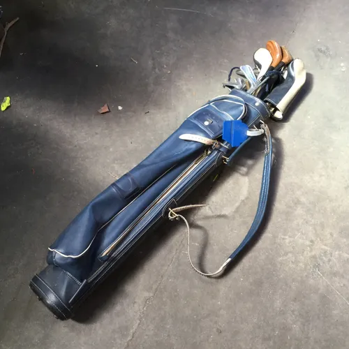 Period Blue Leather Golf Bag and Clubs