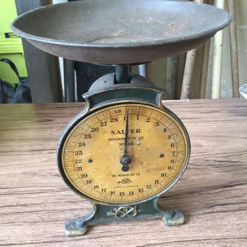 aged Salter kitchen scale with measuring pan
