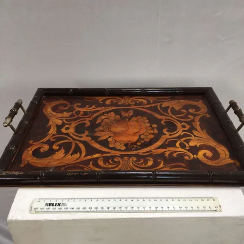 Period Dark Wood Handled Serving Tray with Inlaid Fruit Ornate Design