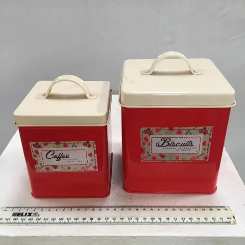 Red with Floral Print and Cream Lid Coffee + Biscuit Tins