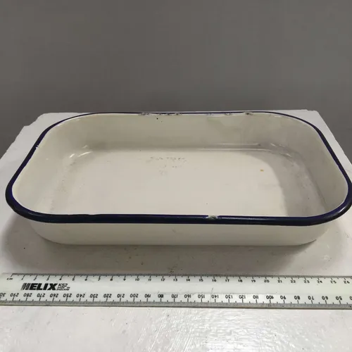 Period White with Blue Trim Rectangular Enamel Bake Pan Dish