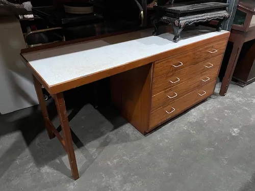  Mid Century White Formica Top Wood Office Desk