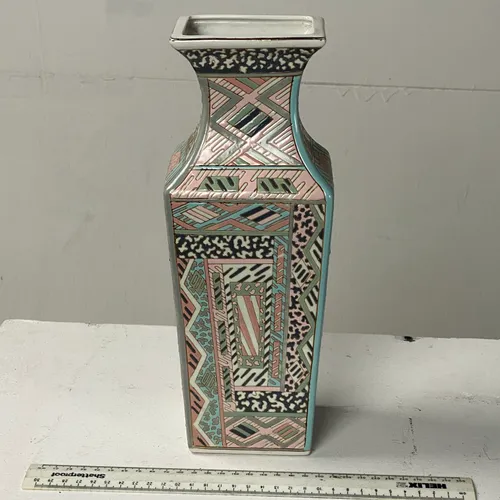 Tall square base vase with geometric shapes pink grey blue