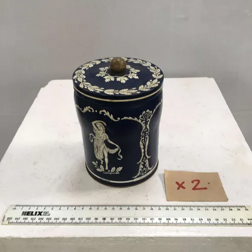 Period Navy Blue Wedgewood Style Storage Tin Jar