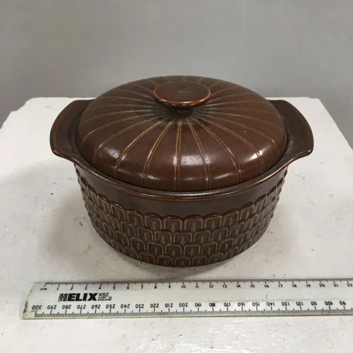 Period Brown Stonware Patterned Casserole Dish with Lid
