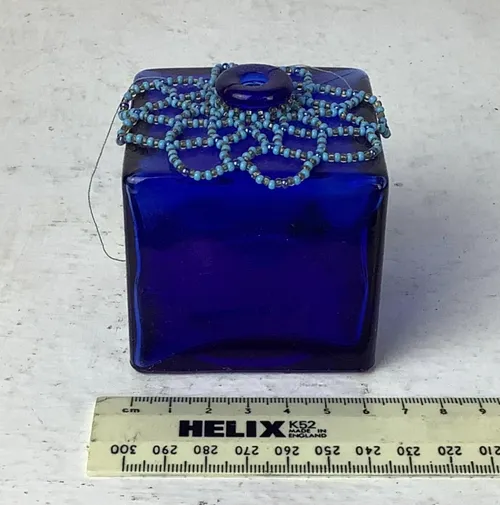 Small Square Blue Glass Vase with Bead Design Top