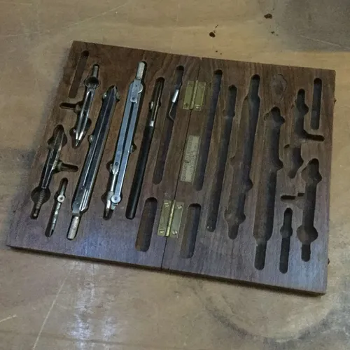 Period 'Draughtsmen's Requisites' Drawing Tools / Compass set in wooden box