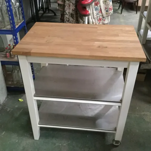 White with Wood Top and Stainless Steel Shelf Kitchen Island Trolley Butchers Block