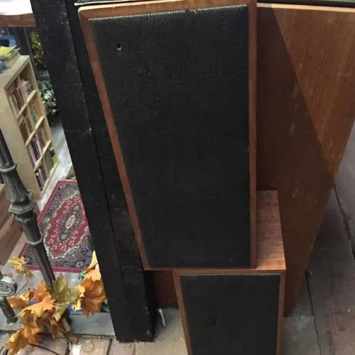wood cabinet passive speakers with black mesh covers