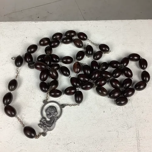 Large Dark Wooden and Silver Rosary Beads