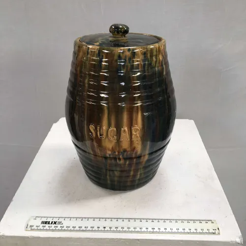 Period Large Splatter Glaze Ceramic Sugar Barrel Jar