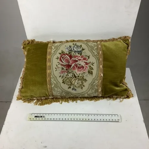 Green Velvet Cushion with Cream and Rose Pattern