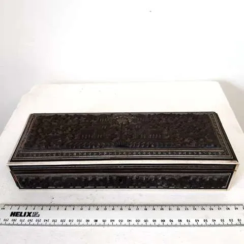 Long black engraved wood trinket/jewellery box 