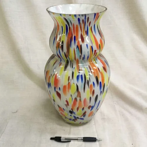 White glass vase with colourful paint drip / splatter effect