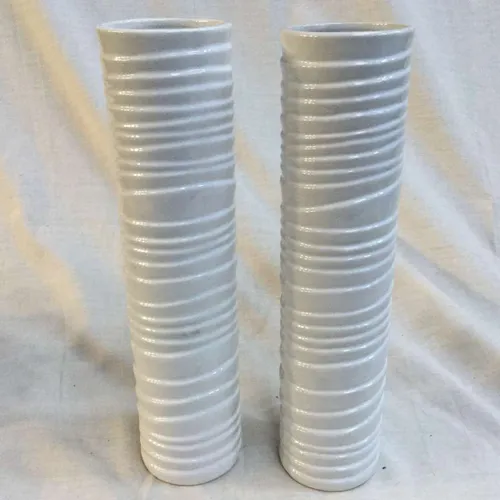 Pair tall white ceramic vases with engraves lines/stripes