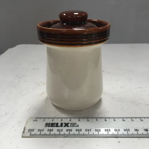 Small White and Brown Glazed Mushroom Shaped Jar with Lid