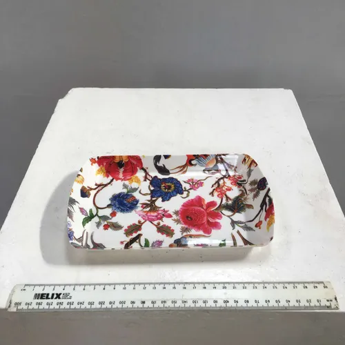 Small Rectangular White with Floral Print Serving Tray